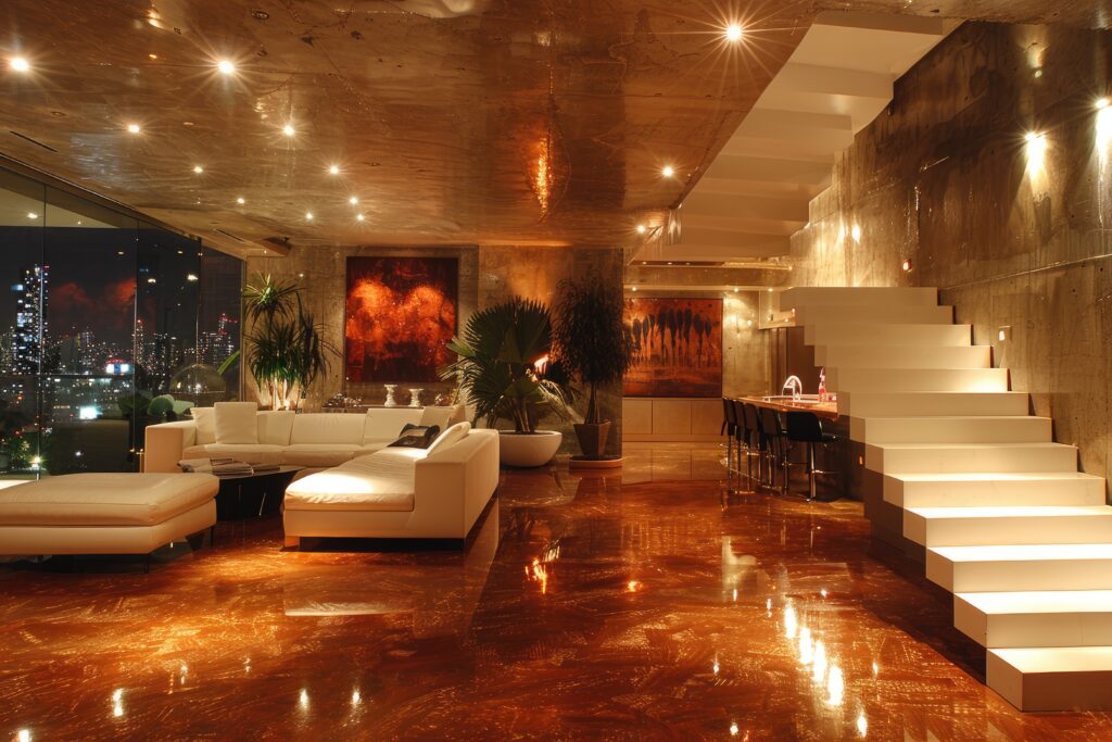 living room with brown epoxy flooring